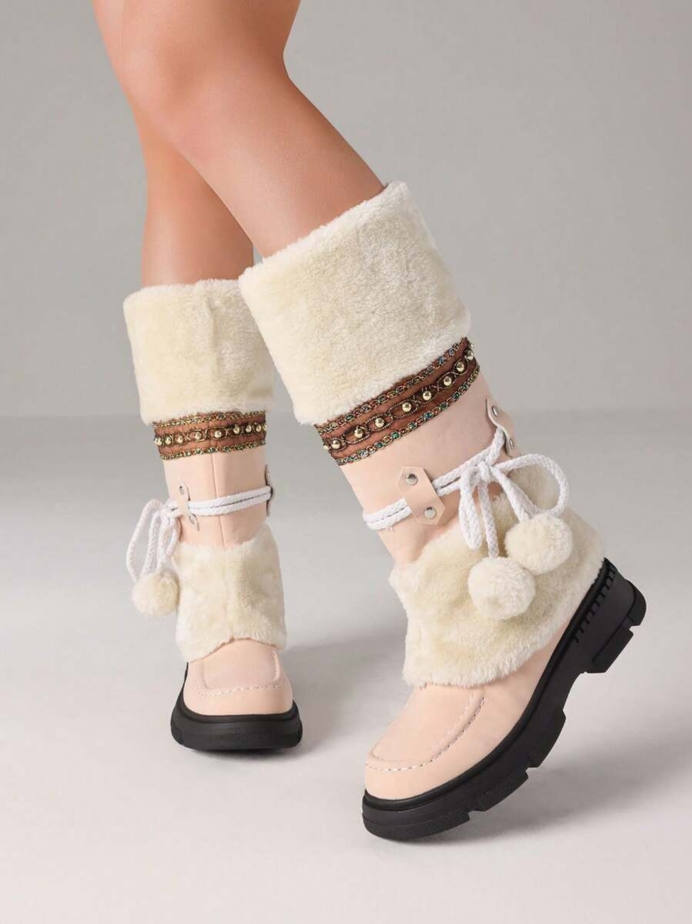 Cream Pink Faux-Fur Ankle Boots with Pom-Tie and Beaded Trim